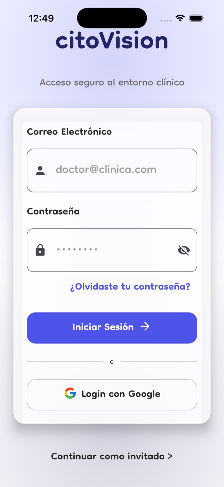 Pantalla de acceso con correo, Google y modo invitado