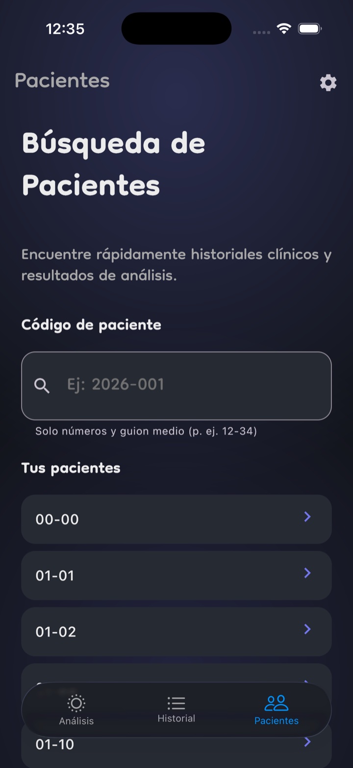 Listado de códigos de paciente y sus análisis sincronizados